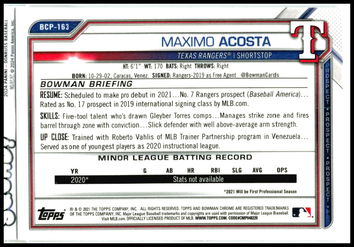 2021 Bowman Chrome Prospects Mojo Refractor #BCP-163 Maximo Acosta Texas Rangers