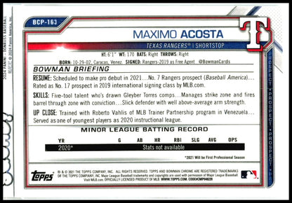 2021 Bowman Chrome Prospects Mojo Refractor #BCP-163 Maximo Acosta Texas Rangers