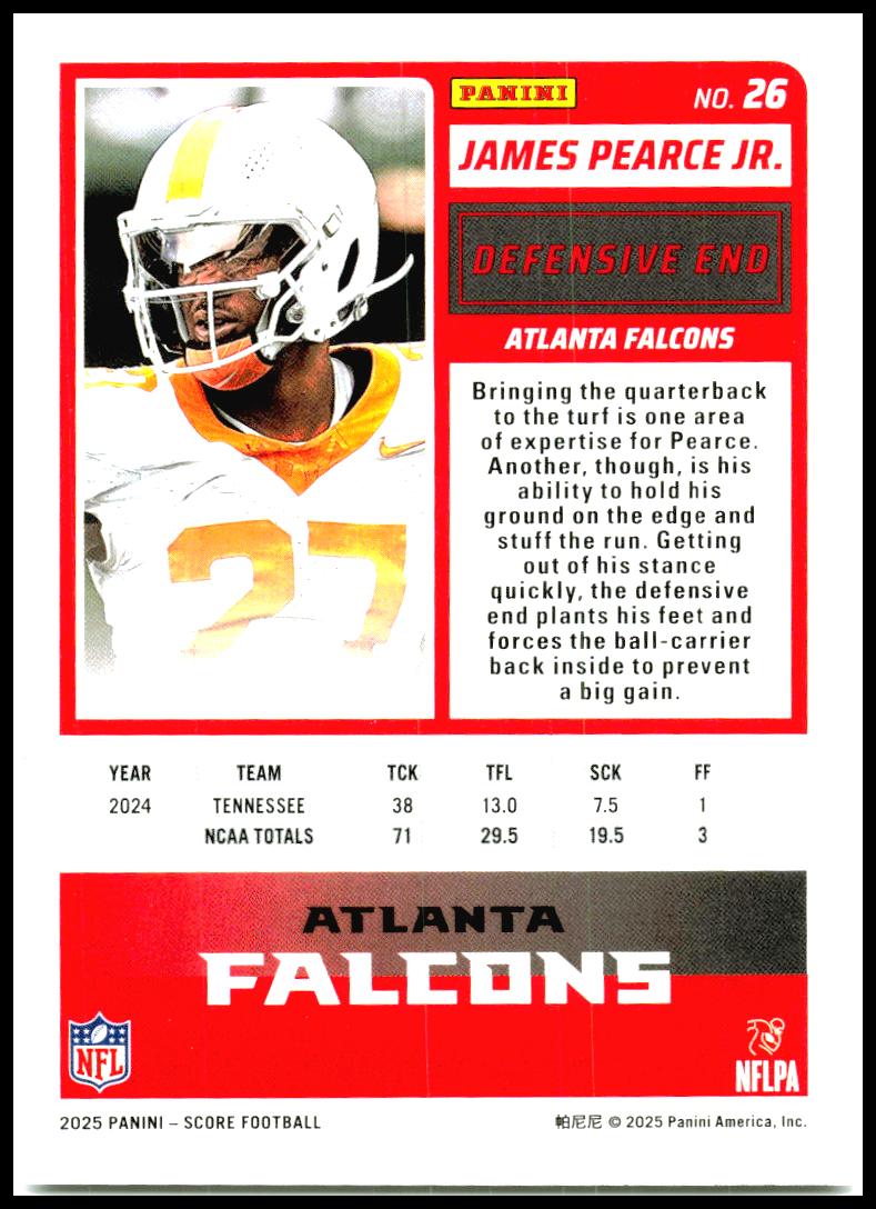 2025 Score #26 James Pearce Jr. Rookie Atlanta Falcons