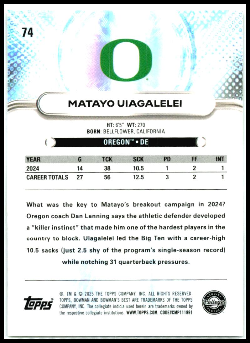 2025 Bowman University Best #74 Matayo Uiagalelei Oregon Ducks