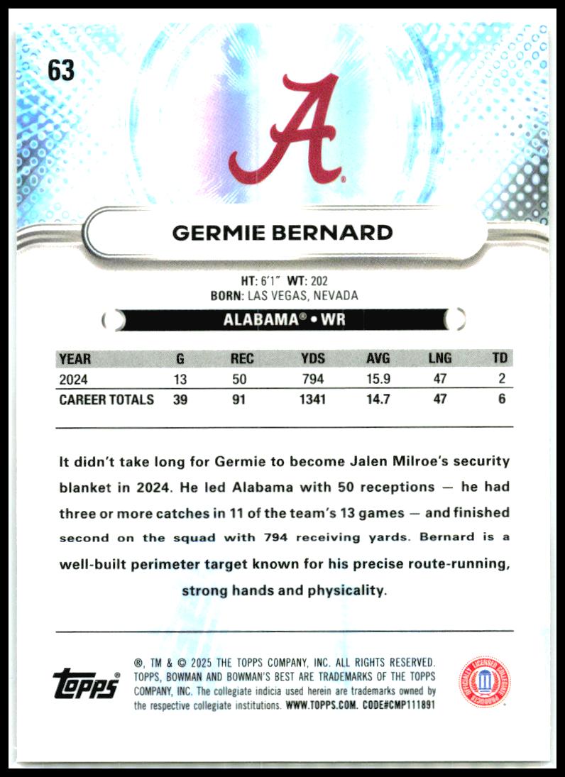 2025 Bowman University Best #63 Germie Bernard Alabama Crimson Tide