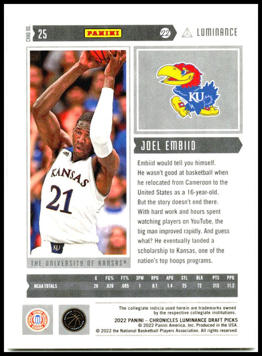 2022 Panini Chronicles Draft Picks Luminance Purple #25 Joel Embiid Kansas