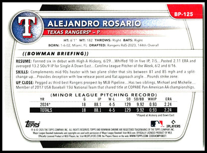 2025 Bowman Prospects #BP-125 Alejandro Rosario Texas Rangers