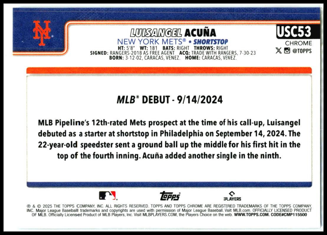 2025 Topps Chrome sepia #USC53 Luisangel Acuña New York Mets