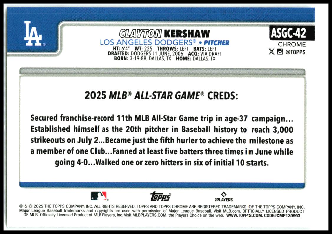 2025 Topps Update 2025 All-Star Game #ASG-50 Clayton Kershaw Los Angeles Dodgers