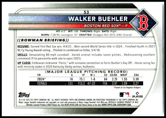 2025 Bowman Chrome #53 Walker Buehler Boston Red Sox