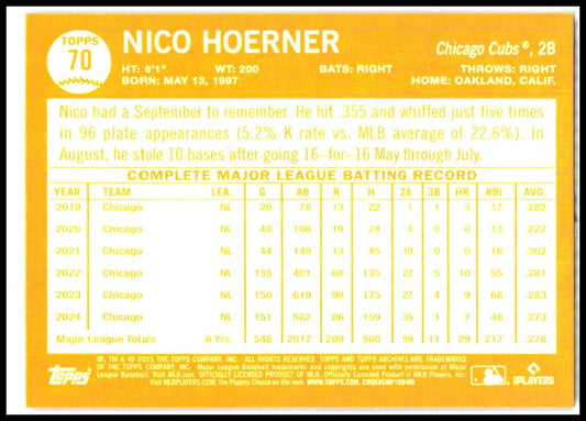 2025 Topps Archives Pink Foilboard #70 Nico Hoerner Chicago Cubs