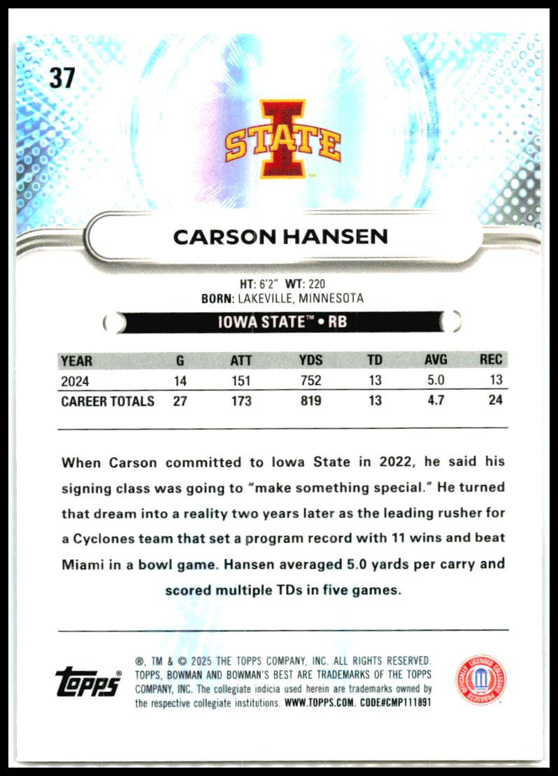 2025 Bowman University Best #37 Carson Hansen Iowa State Cyclones