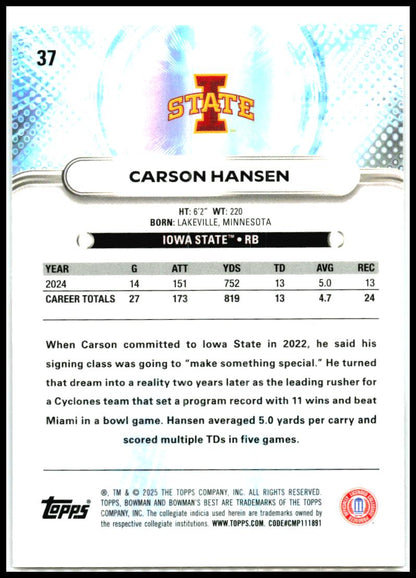 2025 Bowman University Best #37 Carson Hansen Iowa State Cyclones
