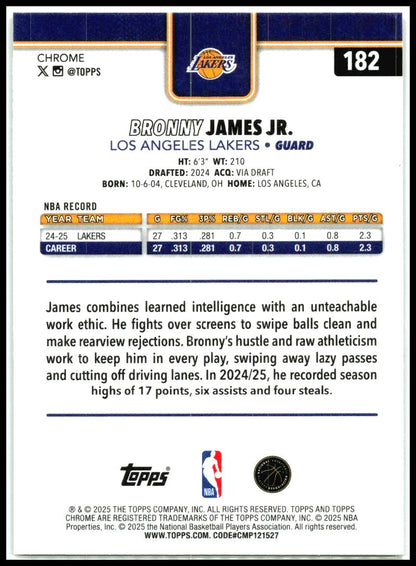 2025-26 Topps Chrome Basketball Refractor #182 Bronny James Jr. Lakers
