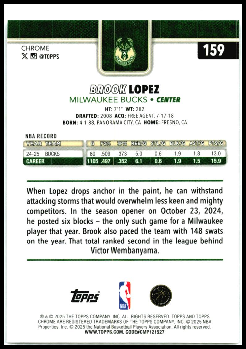 2025-26 Topps Chrome X-Fractor #159 Brook Lopez Milwaukee Bucks