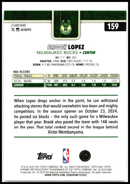 2025-26 Topps Chrome X-Fractor #159 Brook Lopez Milwaukee Bucks