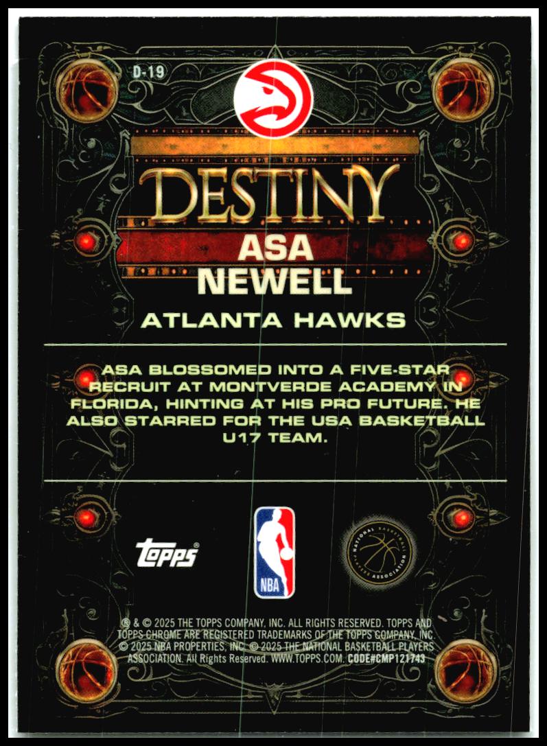 2025-26 Topps Chrome Destiny #D-19 Asa Newell Atlanta Hawks