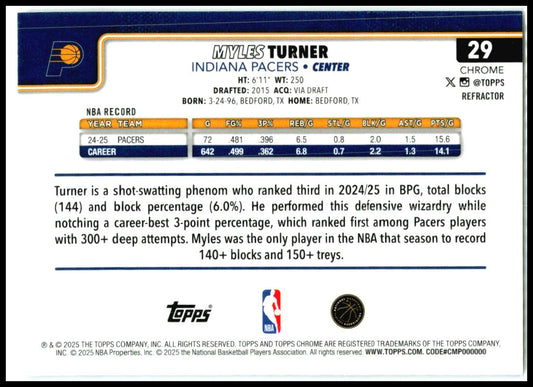 2025-26 Topps Chrome Refractor #29 Myles Turner Indiana Pacers
