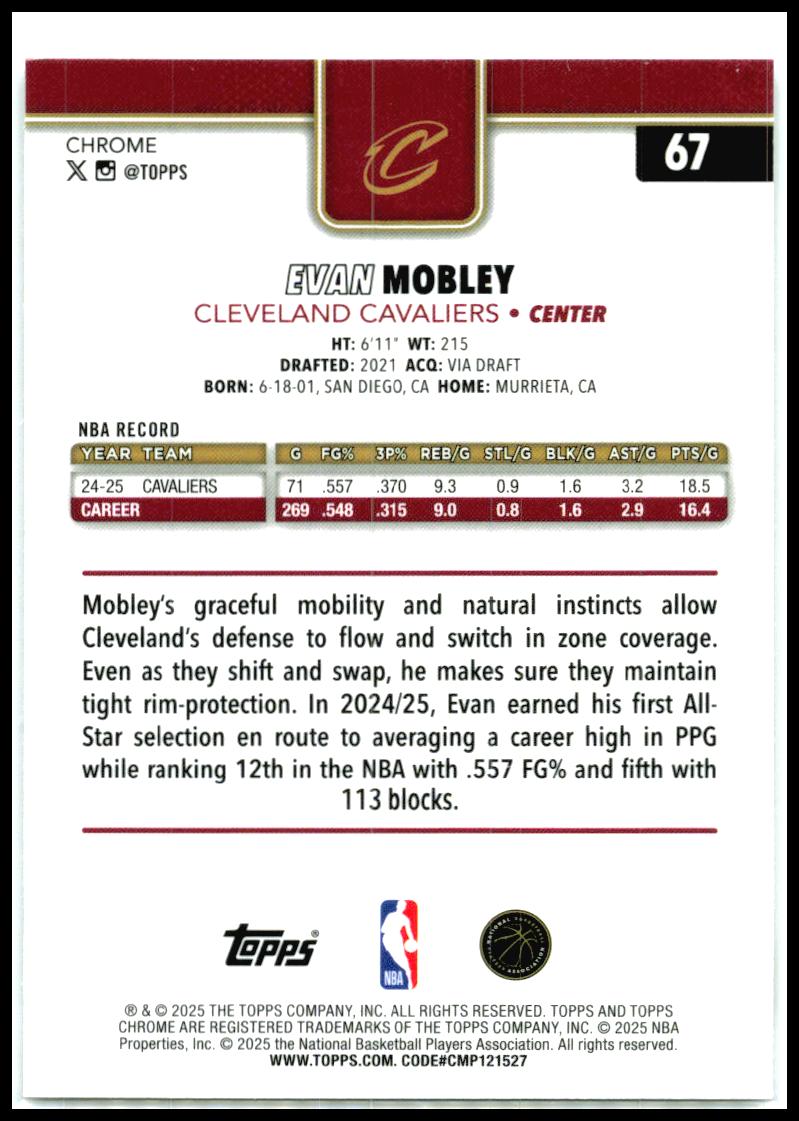 2025-26 Topps Chrome #67 Evan Mobley Cleveland Cavaliers