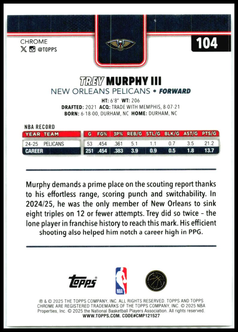 2025-26 Topps Chrome X-Fractor #104 Trey Murphy III New Orleans Pelicans