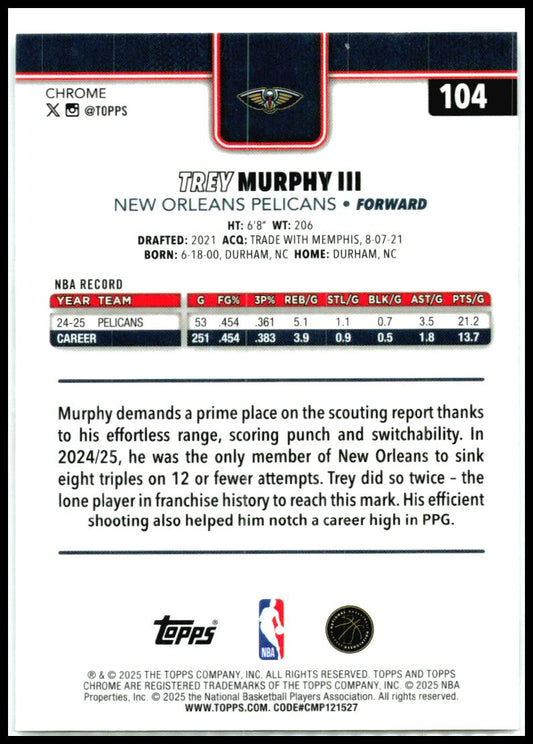 2025-26 Topps Chrome X-Fractor #104 Trey Murphy III New Orleans Pelicans
