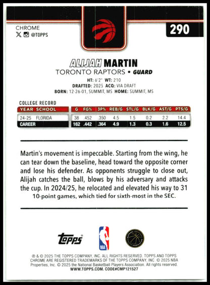2025-26 Topps Chrome Yellow Refractor /275 #290 Alijah Martin Rookie Raptors