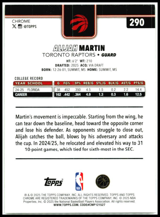 2025-26 Topps Chrome Yellow Refractor /275 #290 Alijah Martin Rookie Raptors