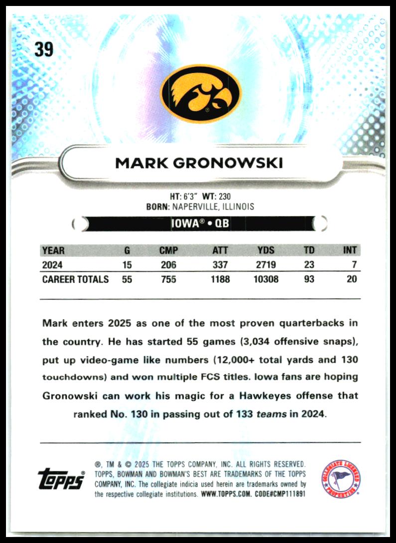 2025 Bowman University Best Shimmer #39 Mark Gronowski Iowa Hawkeyes