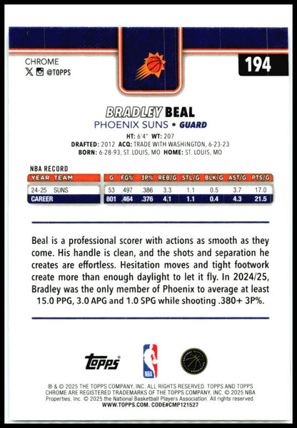 2025-26 Topps Chrome Negative Refractor #194 Bradley Beal Phoenix Suns