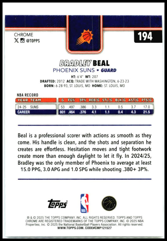 2025-26 Topps Chrome Negative Refractor #194 Bradley Beal Phoenix Suns