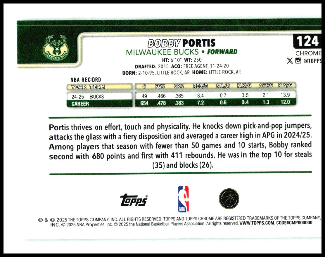 2025-26 Topps Chrome X-Fractor #124 Bobby Portis Milwaukee Bucks