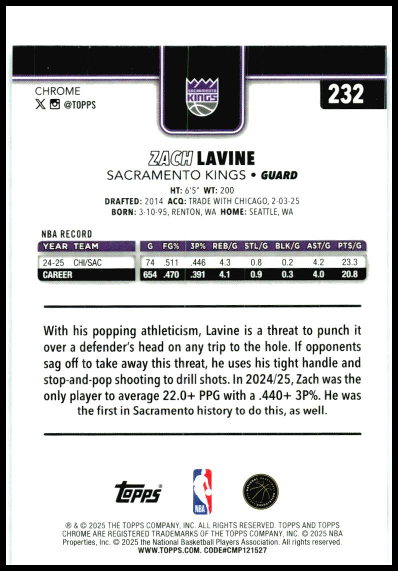 2025-26 Topps Chrome X-Fractor #232 Zach LaVine Sacramento Kings