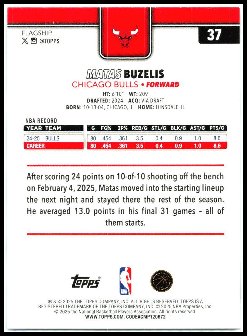 2025-26 Topps Season Tip Off #37 Matas Buzelis Chicago Bulls