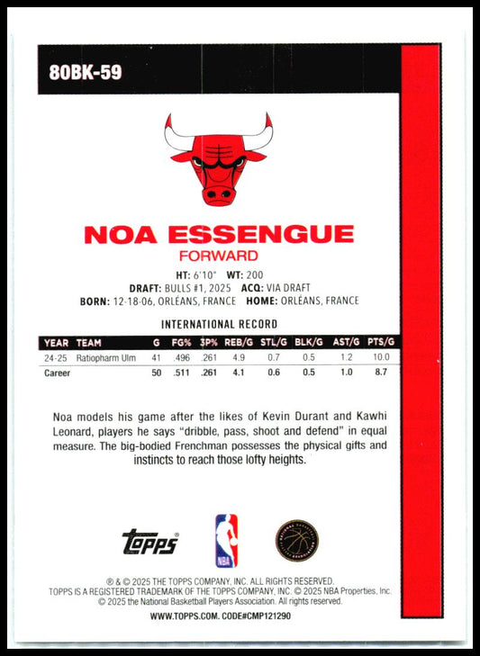 2025-26 Topps 1980-81 Topps Basketball #80BK-59 Noa Essengue Chicago Bulls