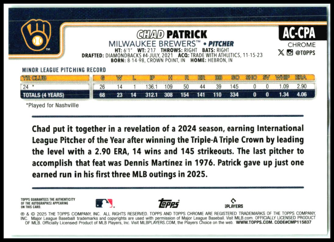 2025 Topps Chrome Update Auto Green Refractor #AC-CPA Chad Patrick Auto Brewers