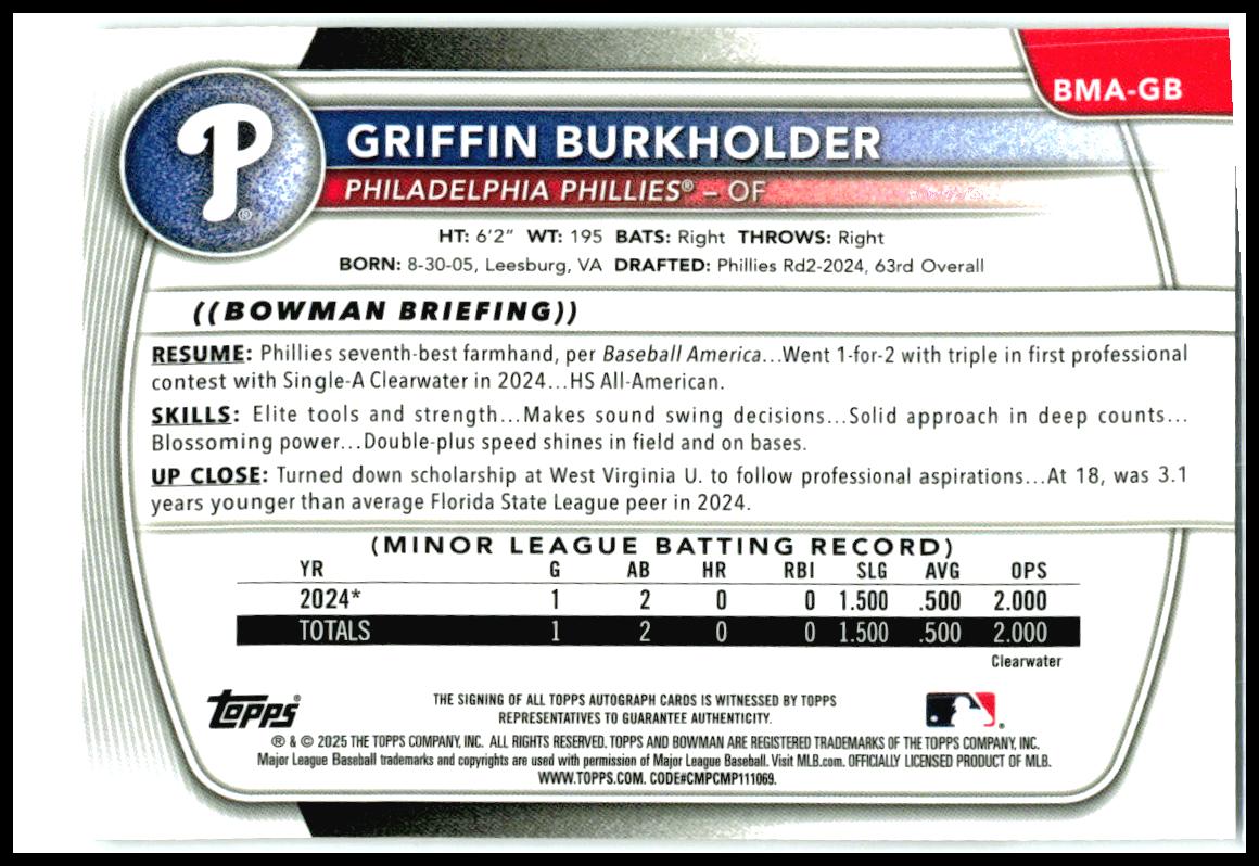 2025 Bowman Chrome Auto Mega Mojo #BMA-GB Griffin Burkholder Auto Phillies