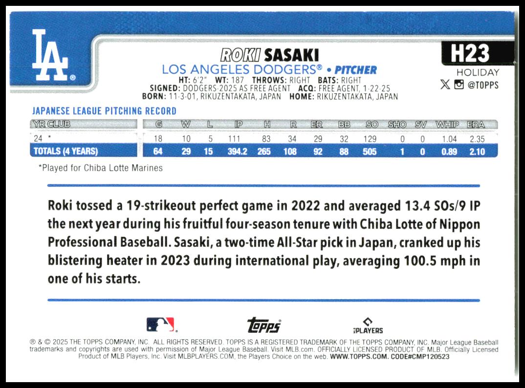 2025 Topps Holiday #H23b Roki Sasaki Los Angeles Dodgers
