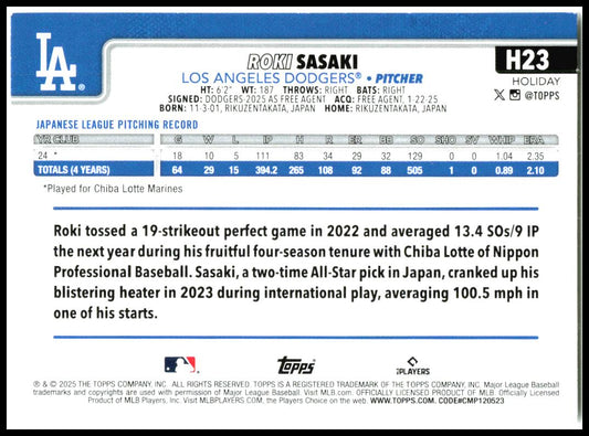 2025 Topps Holiday #H23b Roki Sasaki Los Angeles Dodgers