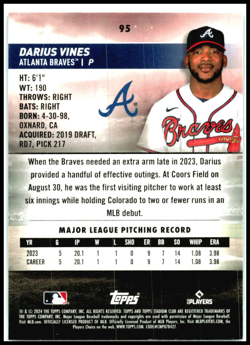 2024 Stadium Club #95 Darius Vines Atlanta Braves