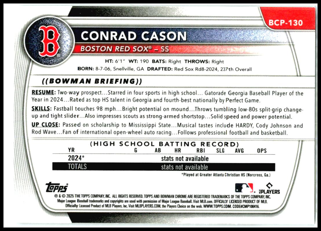 2025 Bowman Chrome Prospects #BCP-130 Conrad Cason Boston Red Sox