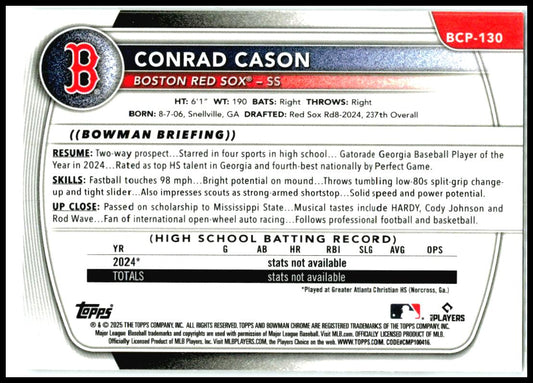 2025 Bowman Chrome Prospects #BCP-130 Conrad Cason Boston Red Sox