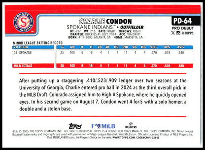 2025 Topps Pro Debut #PD-64 Charlie Condon Spokane Indians