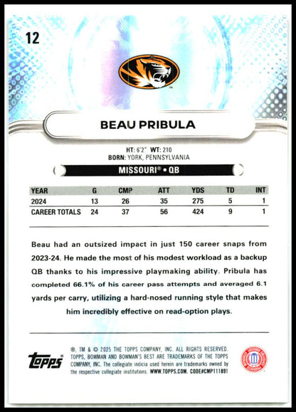 2025 Bowman University Best #12 Beau Pribula Missouri Tigers