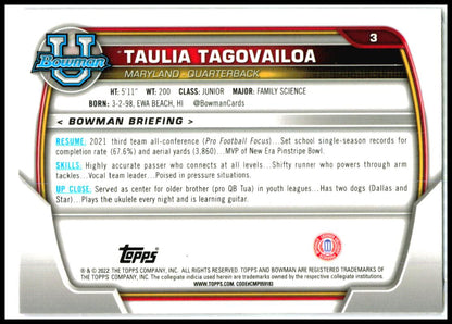 2022 Bowman University Chrome Pink Refractor #3 Taulia Tagovailoa Maryland