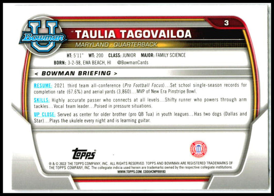 2022 Bowman University Chrome Pink Refractor #3 Taulia Tagovailoa Maryland
