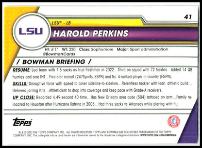 2023 Bowman University Chrome Refractor #41 Harold Perkins LSU Tigers
