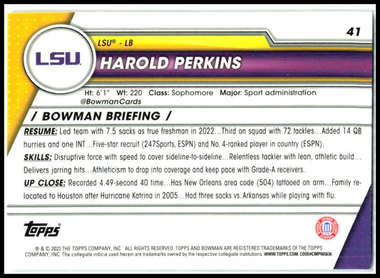 2023 Bowman University Chrome Refractor #41 Harold Perkins LSU Tigers