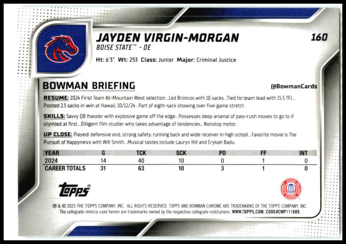 2025 Bowman University Chrome #160 Jayden Virgin-Morgan Boise State Broncos