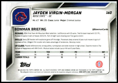2025 Bowman University Chrome #160 Jayden Virgin-Morgan Boise State Broncos