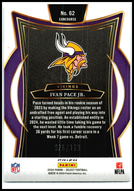 2024 Panini Select White Prizm Shock #62 Ivan Pace Jr. #/199 Minnesota Vikings