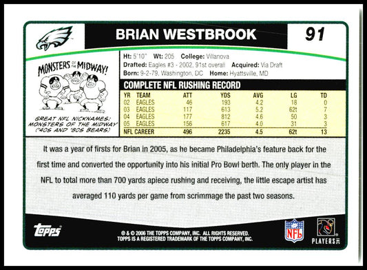 2006 Topps #91 Brian Westbrook Philadelphia Eagles