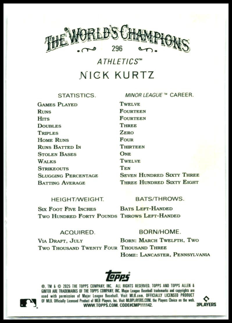 2025 Topps Allen & Ginter Silver Portrait #296 Nick Kurtz Rookie Athletics