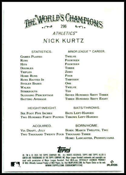 2025 Topps Allen & Ginter Silver Portrait #296 Nick Kurtz Rookie Athletics