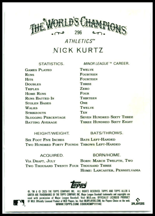 2025 Topps Allen & Ginter Silver Portrait #296 Nick Kurtz Rookie Athletics